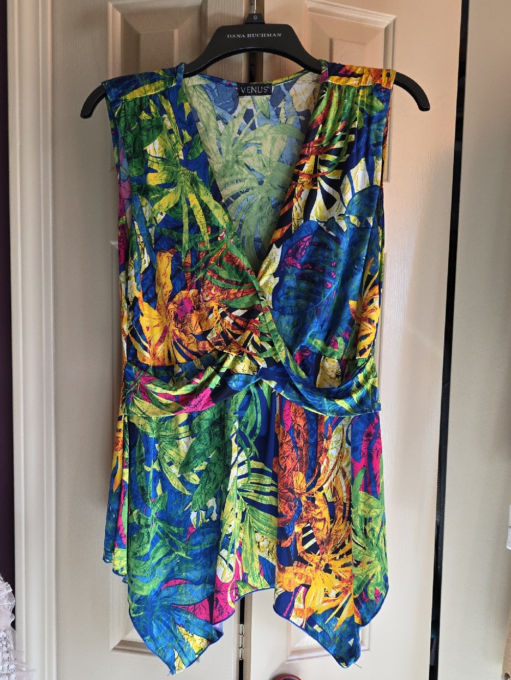 VENUS Vibrant Tropical Leaf Sleeveless Wrap Top - Blue, Green, Yellow, Pink